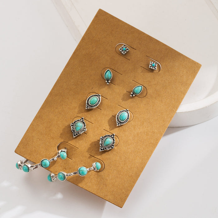 Wholesale 5 pairs of vintage turquoise flower heart geometric stud earrings