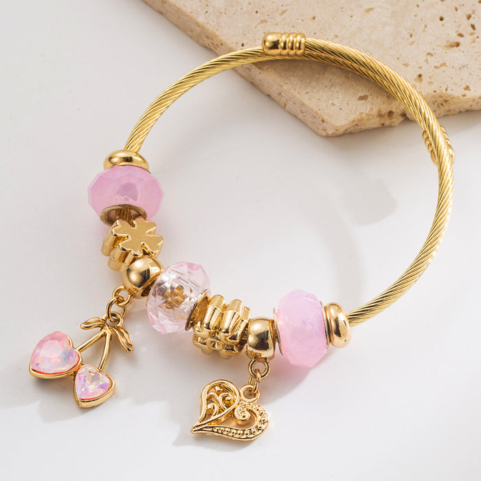 Wholesale Cherry heart key pendant stainless steel diamond-encrusted adjustable bracelet