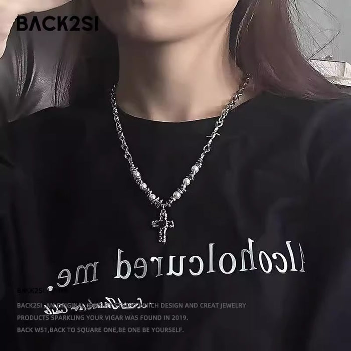 Wholesale New bead zircon heart-shaped cross necklace, street collarbone necklace, sweatshirt accessory