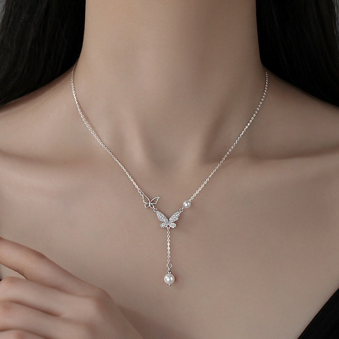 Wholesale New butterfly inspired pearl studded diamond necklace with luxurious design and collarbone chain