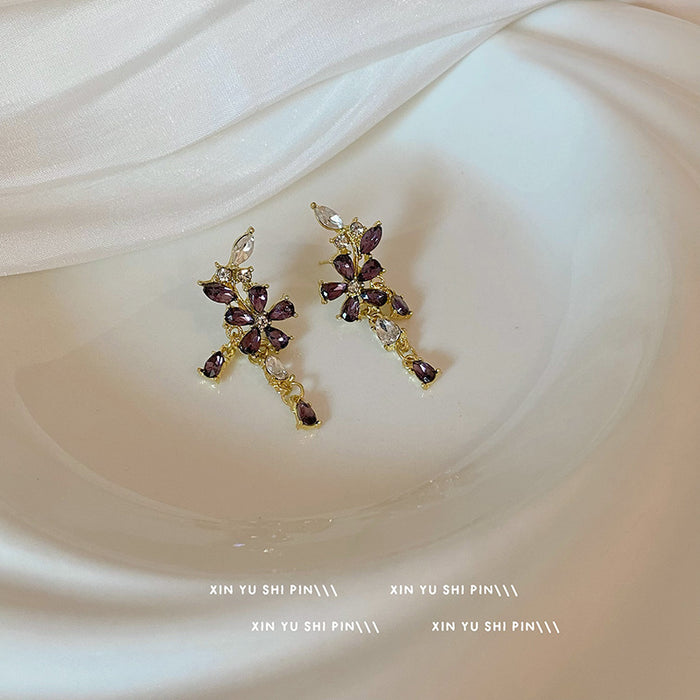 Wholesale Purple zircon flower pendant earrings, new niche design, fashionable earrings