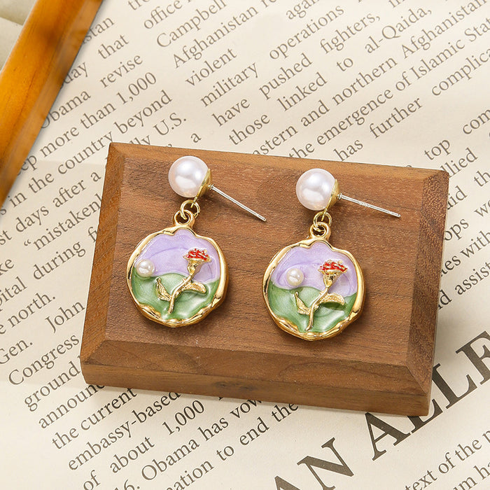 Wholesale Colored oil dripping flower earrings with a light luxury and high-end feel, fresh and fashionable temperament earrings