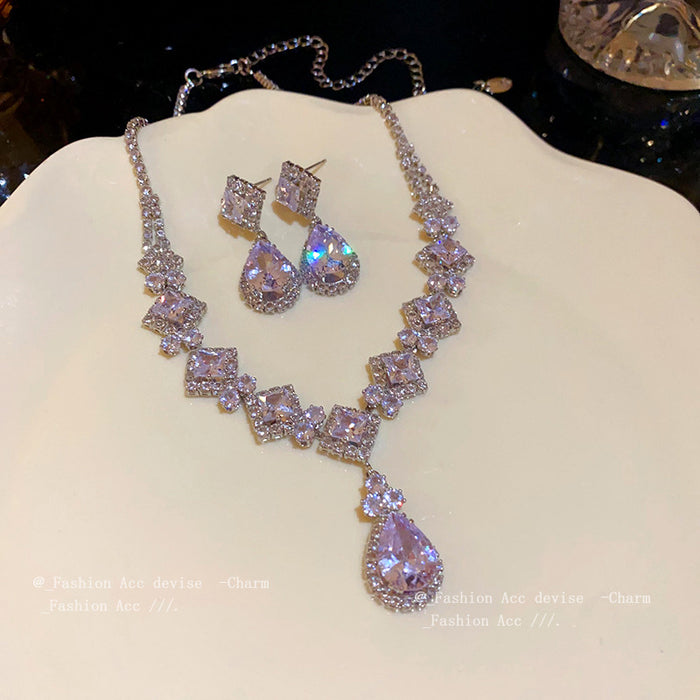 Wholesale Zircon Diamond Drop Earrings Necklace suit  Banquet Elegant Clavicle Chain Bridal Jewelry