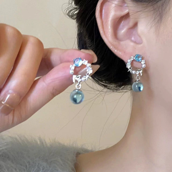 Wholesale Blue Crystal Micro-set Zircon Pearl Stud Hoop Earrings