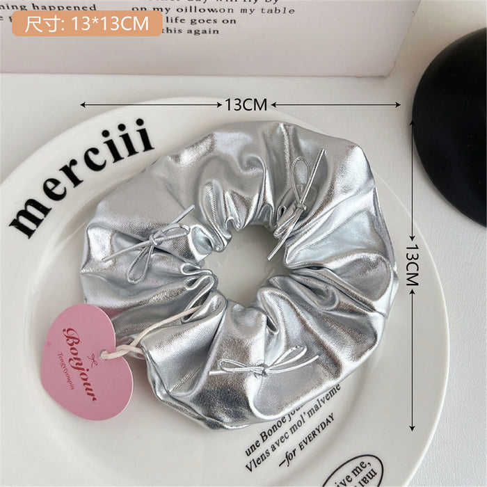 Wholesale silver Leather Bow Large Intestine Hair Rings Niche Hair Rope Hair Accessories