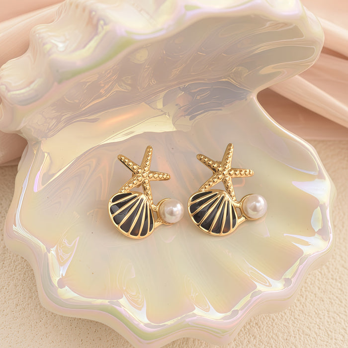 Wholesale Stainless Steel Starfish Shell Pearl Earrings Marine  style Earrings