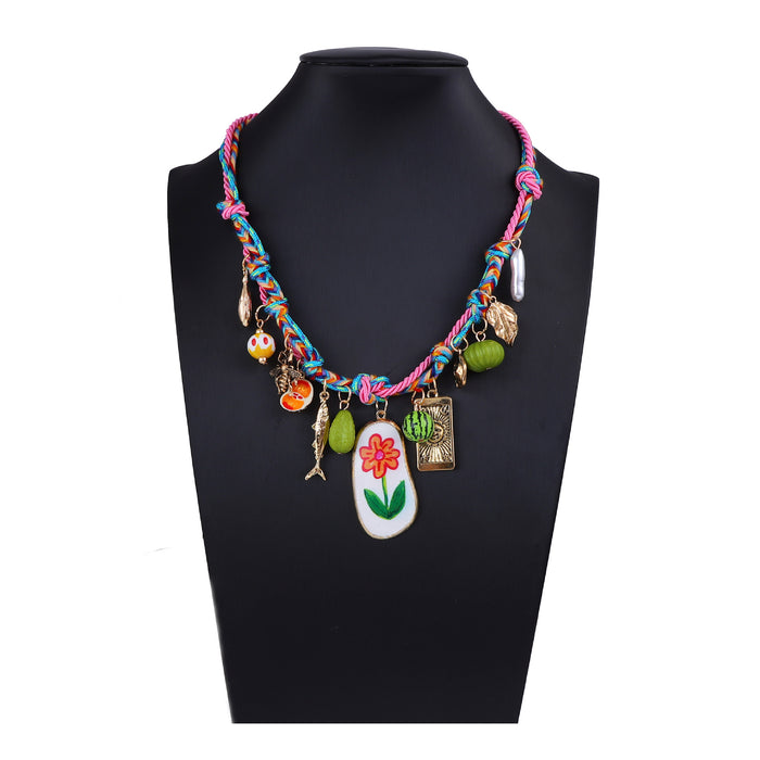 Wholesale Hand-Woven Rope Alloy Flower Fruit Pendant Women's Necklace