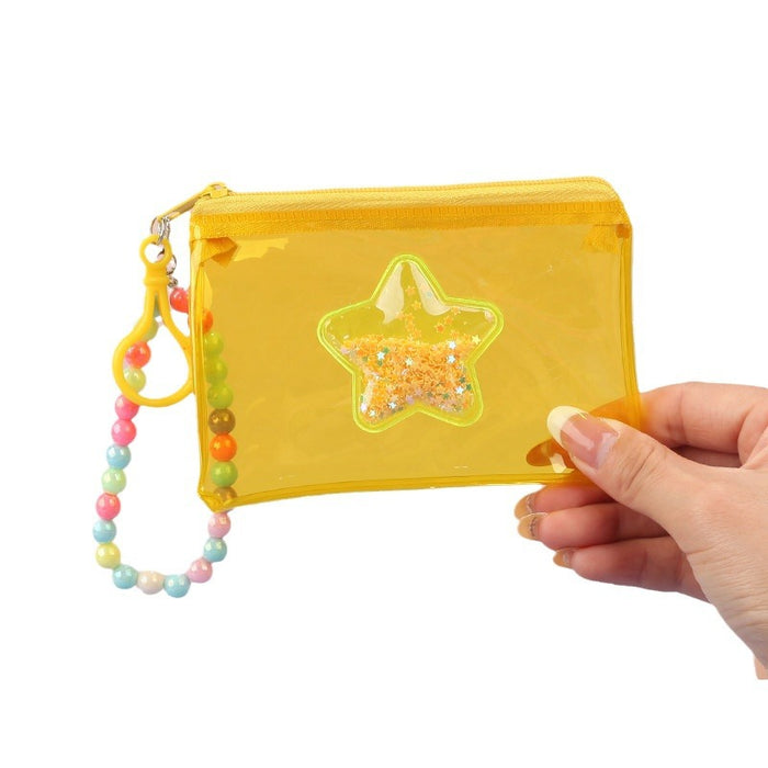 Wholesale PVC Star Macaroon Clear Zip Coin Purse Pink Bead Chain Multi Use Card Holder Earphone Bag Trendy