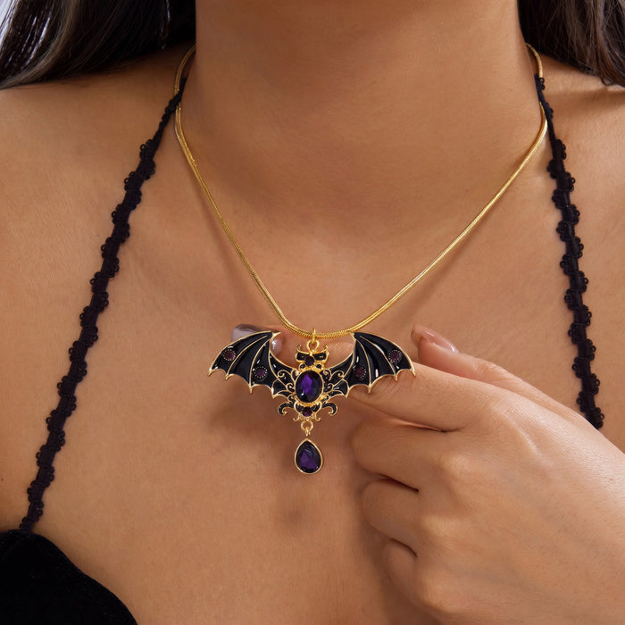 Wholesale Halloween Gothic Bat Rhinestone Ghost Pendant Necklace