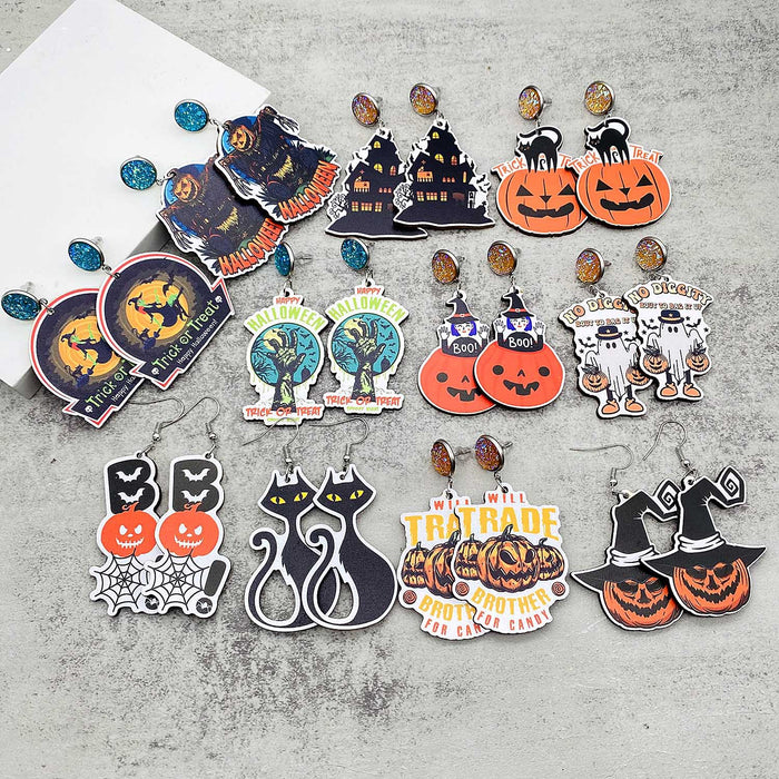 Wholesale Halloween Pumpkin Castle Wooden Earrings JDC-ES-Chengy038