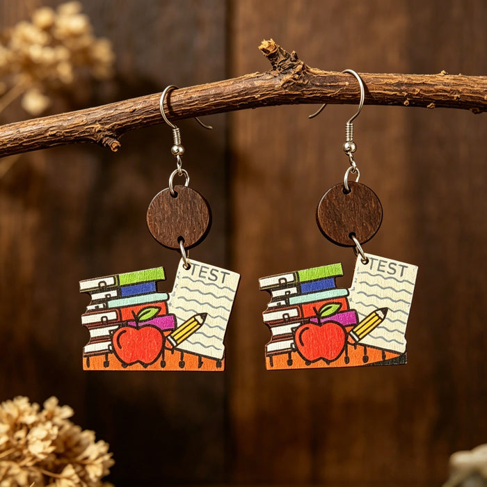Wholesale Book and Pencil Wooden Earrings Teacher Theme Trendy Jewelry Accessory