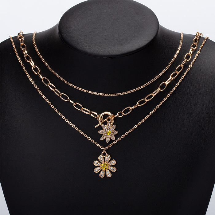 Wholesale New Product Full Diamond Flower Necklace Jewelry Set Fashionable and Personalized Multi Layer Necklace