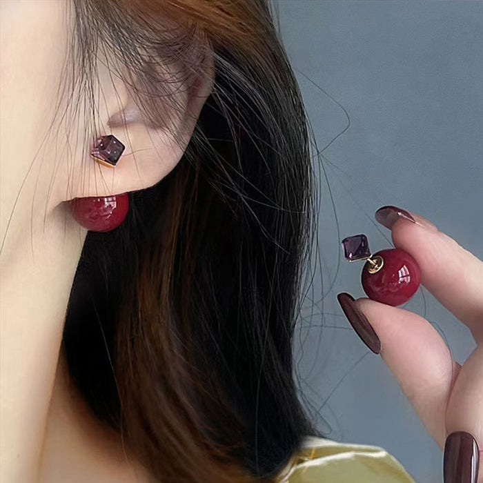 Wholesale 925 Silver Pin Earrings red Ball  Earrings Fashion Joker Two Diamond Earrings