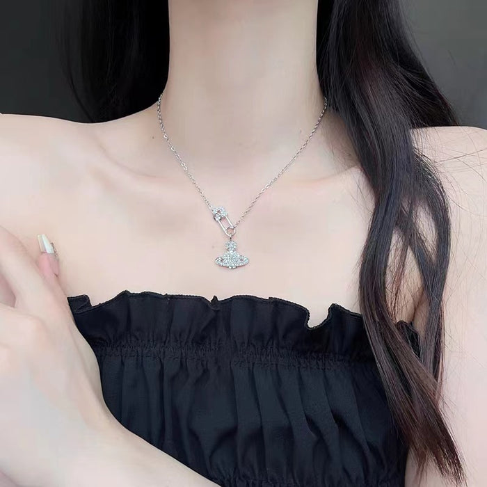 Wholesale  titanium steel necklace  full diamond Saturn paper clip pendant niche sweater chain jewelry accessories clavicle chain