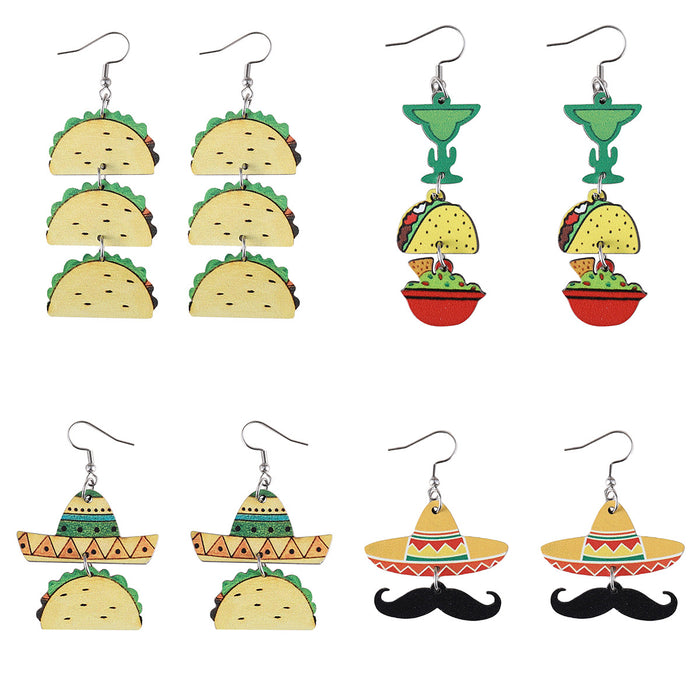 Wholesale Mexican Five-Five-Section Color Tortilla Straw Hat Pinata Color Pot Triple Double Wooden Double-Sided Earrings Jewelry
