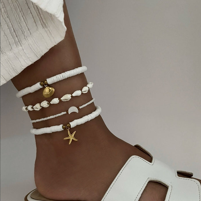 Wholesale Four piece set of shell ankle chains, fashionable and simple, stacked with multiple layers of rice beads woven ankle chains