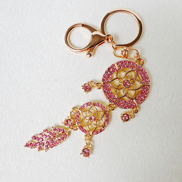 Wholesale Pink Dream Catcher Keychain Rhinestone Tassel Feather Zinc Alloy Chic Gift MOQ≥12