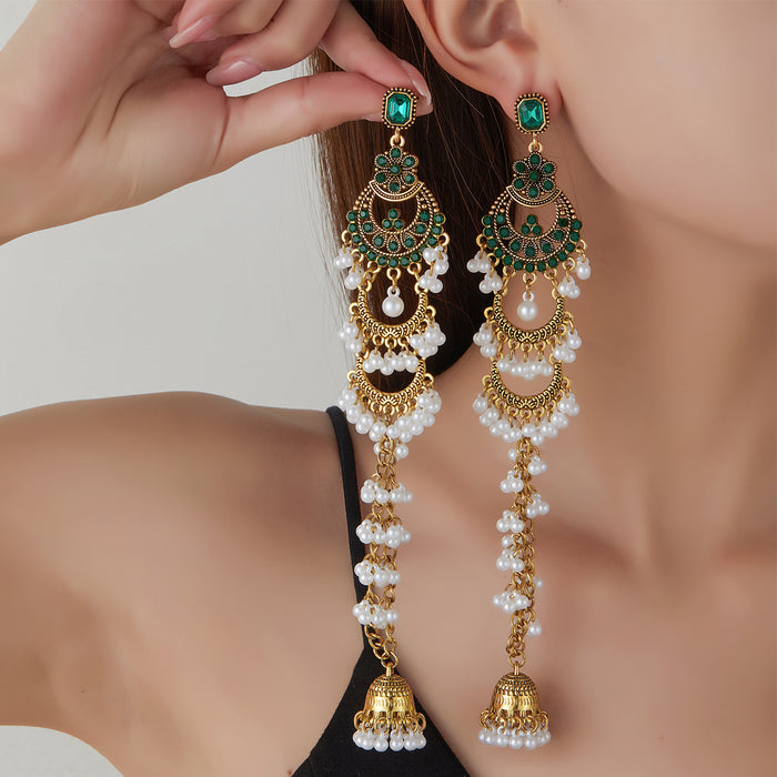 Wholesale Retro Bohemian Long Tassel Drop Earrings Heavy Industry Creative Ethnic Style Diamond-Encrusted High-End Earrings