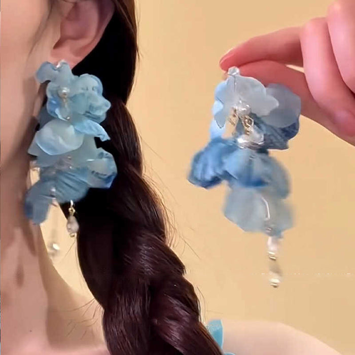 Wholesale High end exaggerated flower tassel earrings, niche vacation style petal earrings, atmosphere and temperament earrings