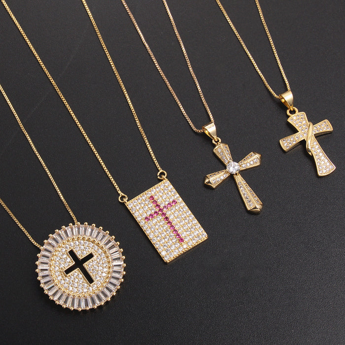 Wholesale Copper Gold Plated Micro-Inlaid Zirconia Cross Necklace JDC-NE-BaiTian009