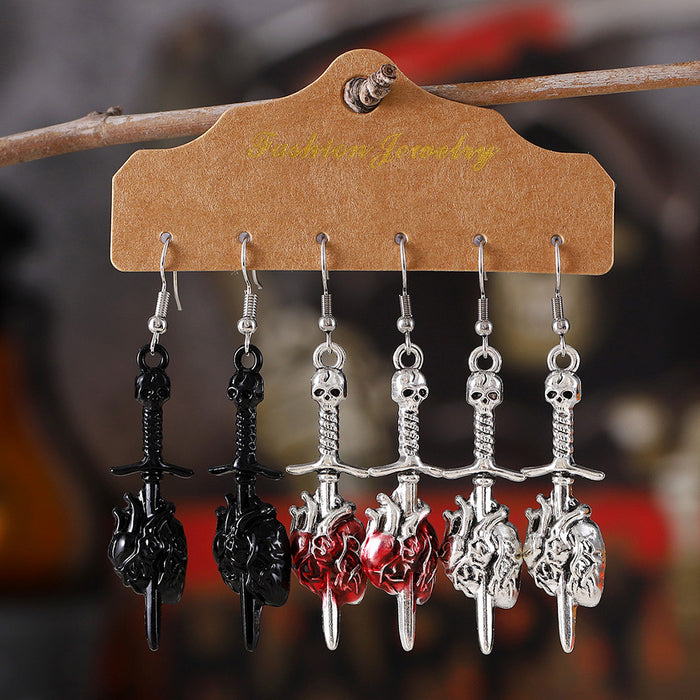 Wholesale Drip Oil Gothic Skull Earrings Set Sword Piercing Heart  Party Accessory