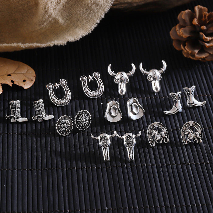 Wholesale Retro ethnic style cowboy earrings Creative design horseshoe bull head flower shoe and hat accessories