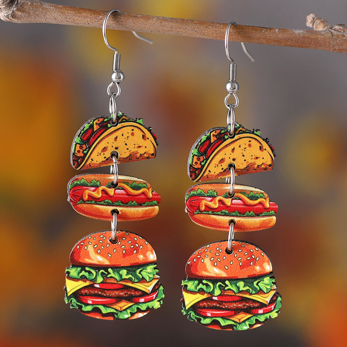 Wholesale Cute food apple donut hamburger hot dog triple pendant earrings double-sided wooden earrings