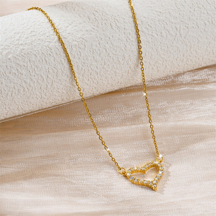 Wholesale Micro inlaid zircon full diamond heart pendant titanium steel necklace heart-shaped hollow collarbone chain