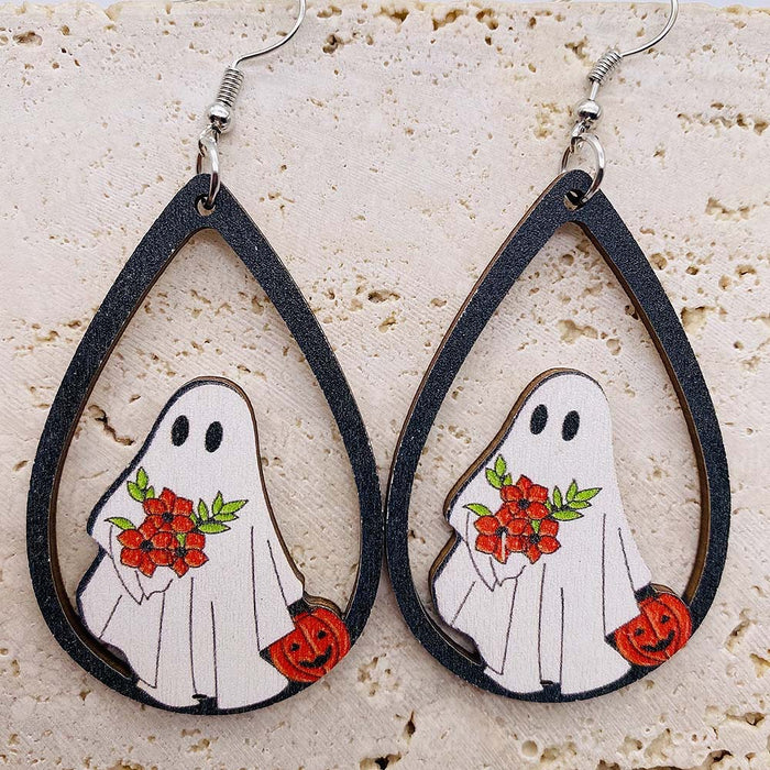 Wholesale Wooden Earrings Ghost Pumpkin Printed Pendant Earrings New  Wooden Earrings