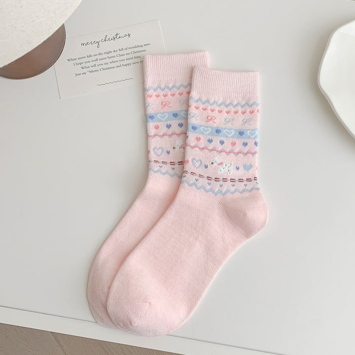 Wholesale Cute butterfly knot pile socks in the middle tube, retro style