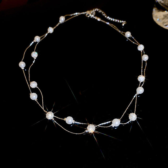Wholesale Pearl double-layer layered necklace, exquisite and fashionable collarbone chain, elegant and luxurious sweater chain