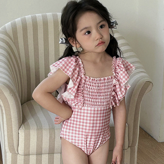 Wholesale Pink plaid lace one-piece swimsuit for vacation