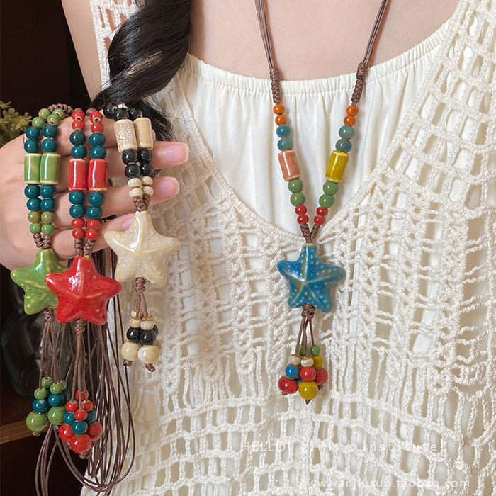 Wholesale Colorful ceramic bead star necklace, long sweater chain accessory