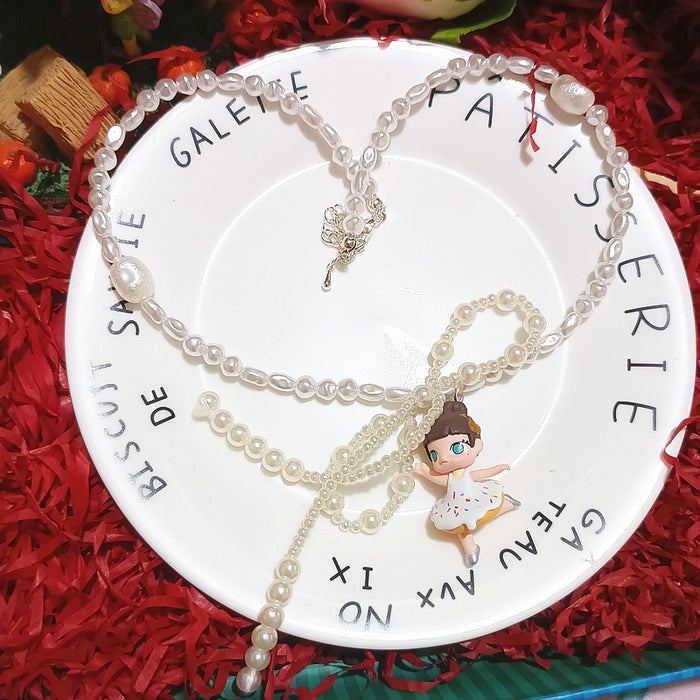 Wholesale Crystal Beaded Cute Bubble Mart Cute Ballet Croissant Doll Short Necklace Necklace for Women