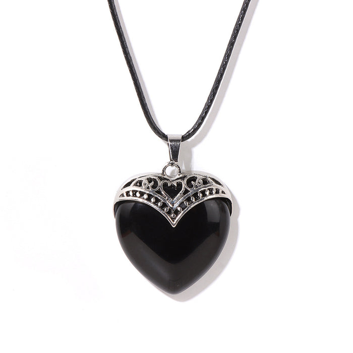 Wholesale Heart shaped pendant necklace with stone beads and tiger' s eye adjustable leather cord