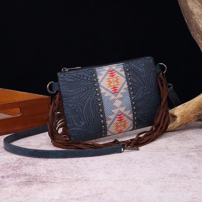 Wholesale Vintage Cotton and Linen Print Western Bohemian Leather Carving Hand Wallet Crossbody Women' s Bag