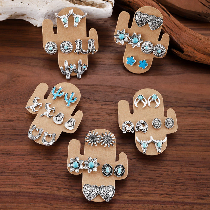 Wholesale Horseshoe Cactus Heart Shape Cowboy Boots Earring Set Western Cowboy Earring Set