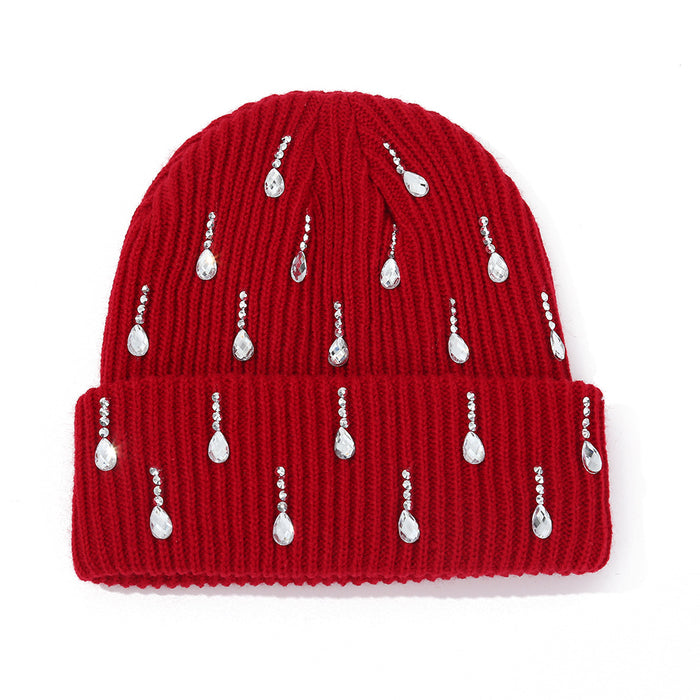 Wholesale Pearl sparkling diamond knitted hat,  double-layer outdoor warm woolen hat