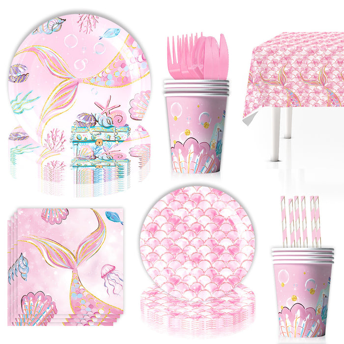 Wholesale Mermaid Theme Tableware Tablecloth Paper Cup Tissue Paper Tray Pink Fishtail Decoration Birthday Party Layout