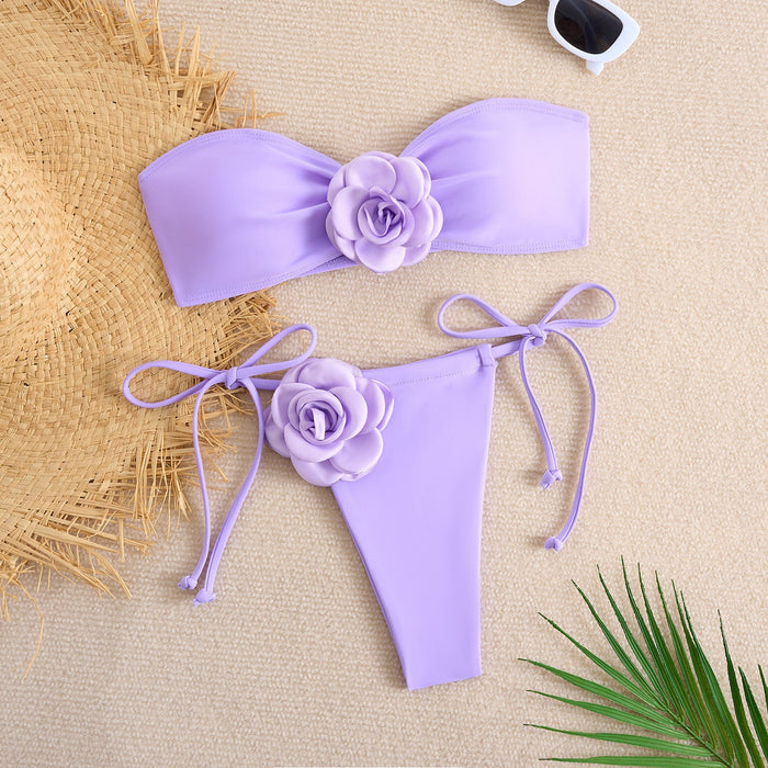 Wholesale Solid color split swimsuit for women, three-dimensional flower swimsuit