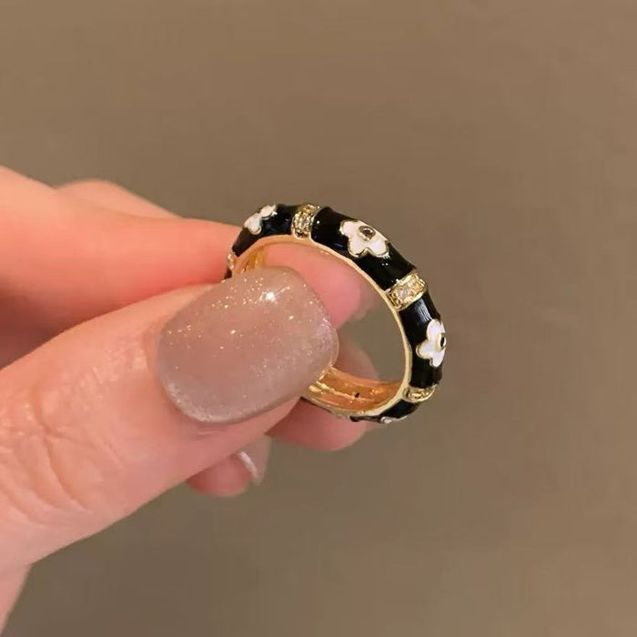 Wholesale Black Drip Glaze Black Flower Ring Women's Opening Adjustable