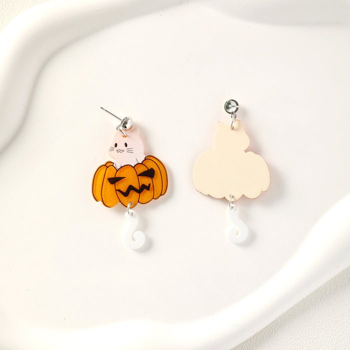 Wholesale Halloween Cute Pumpkin Monster Ghost Head Cat Ghost Tail Acrylic Printing Earrings JDC-ES-QingM002