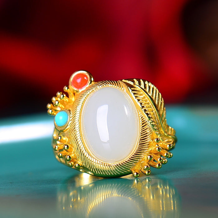 Wholesale Ring with palace-style setting featuring a peace talisman and leaf motif