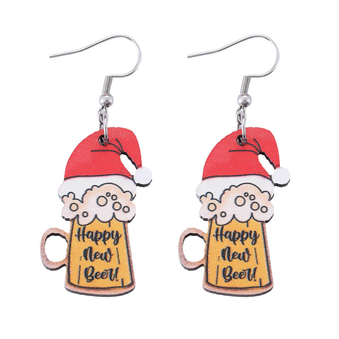 Wholesale New Year Beer Mug Wooden Double-Sided Earrings Holiday Party Gift