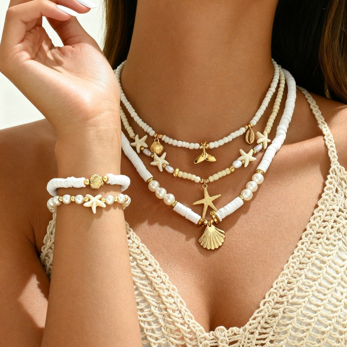Wholesale Zinc Alloy Layered Necklace with nut Tree Starfish Flower Pendant