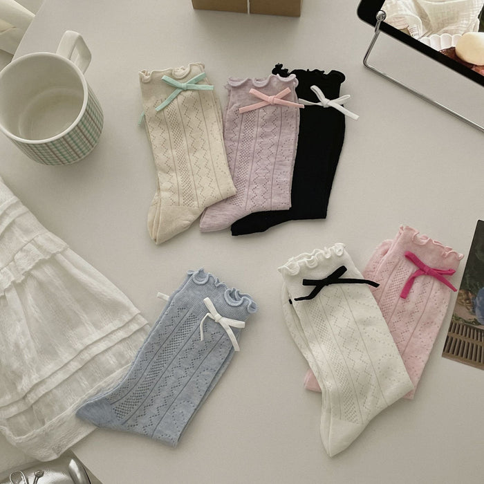 Wholesale Bow shaped mid tube socks with thin hollow mesh breathable stacking socks