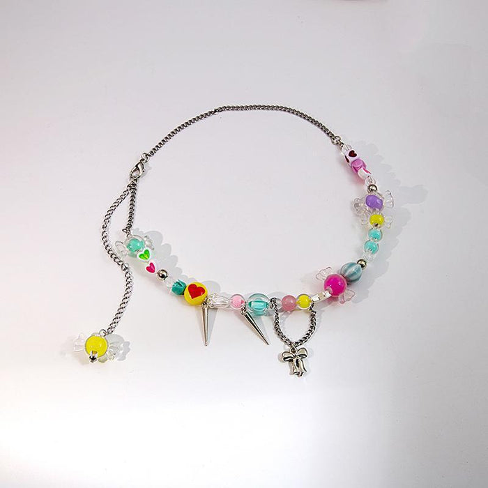 Wholesale Dopamine Colorful Stone Smiley Necklace Colorful Beaded Flower Sweet Cool Style Clavicle Chain Candy Love Pendant Female