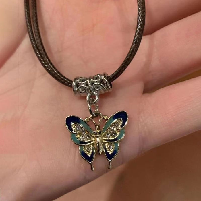 Wholesale Retro leather rope butterfly pendant necklace, niche design, collarbone chain, neck chain
