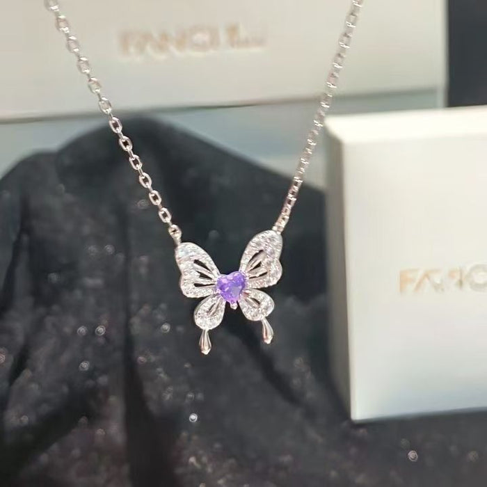Wholesale Purple Butterfly Love Heart Titanium Steel Necklace Chic Jewelry Accessory
