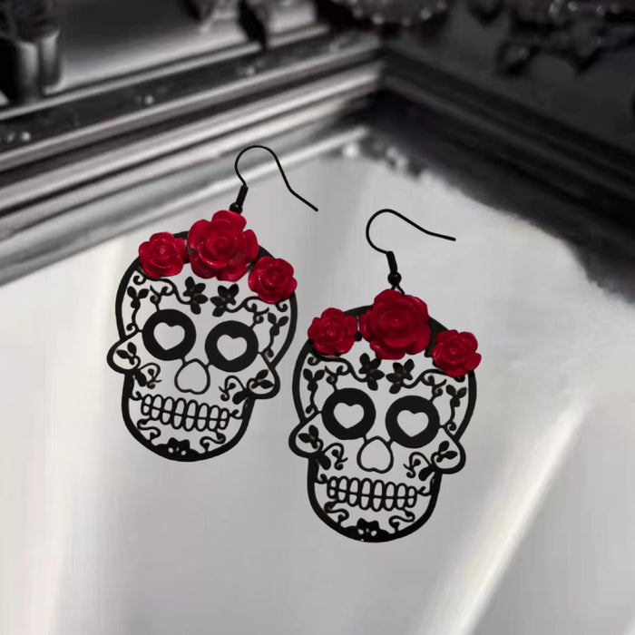 Wholesale Halloween Dark Gothic Style Rose Hollow Love Skull Alloy Earrings JDC-ES-JunJie001